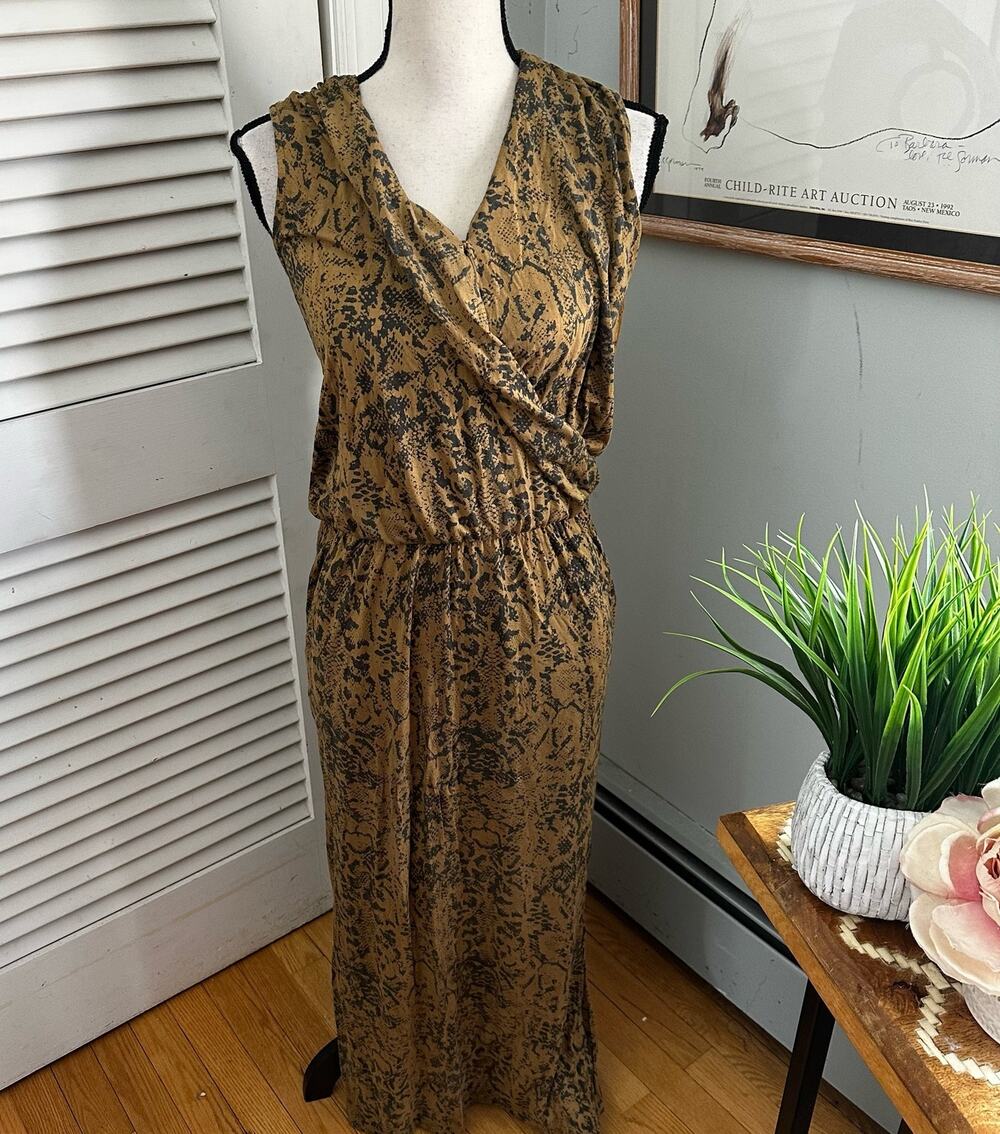 Garnet Hill Dress Small Brown Gold Snakeskin Print Jersey Effortless Boho Chic
